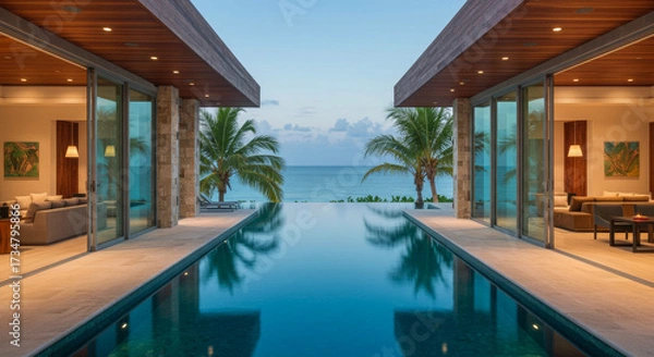 Fototapeta Modern Luxury Beachfront Villa With Stunning Infinity Pool and Panoramic Ocean View at Dusk.