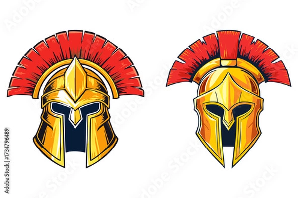 Obraz Ancient Greek Corinthian helmet, Trojan,  Spartan warrior helmet, Illustration of an Ancient golden Greek Helmet with Red Plume