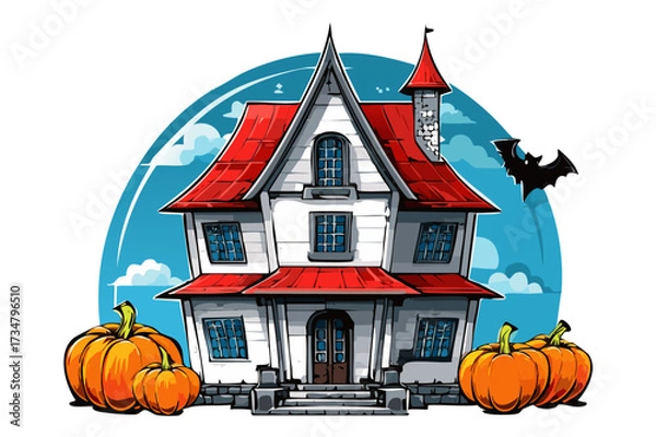 Obraz Spooky haunted house with bats, pumpkins, and a dark, scary sky on a Halloween night, Halloween haunted house silhouette with bats under a spooky moonlit night sky 