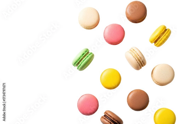 Obraz Overhead shot of vibrant green, pink, yellow, chocolate, beige French macarons with colorful sprinkles on white background, copy space left, macro detail. Concept of sweet indulgence