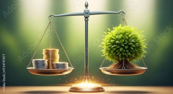 Obraz Balanced Scales Showing Coins and Green Plant representing Financial Growth and Sustainability