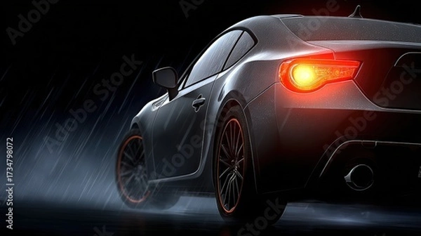 Fototapeta A sleek, black coupe is depicted in a rainstorm, with a vibrant red taillight illuminated, showcasing its sporty design as water droplets cascade across the vehicle.