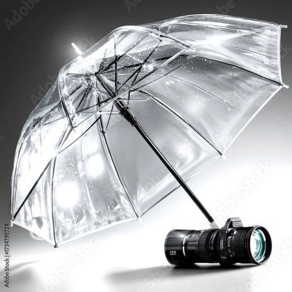 Fototapeta Clear Umbrella with Water Droplets and Camera Lens on White Background