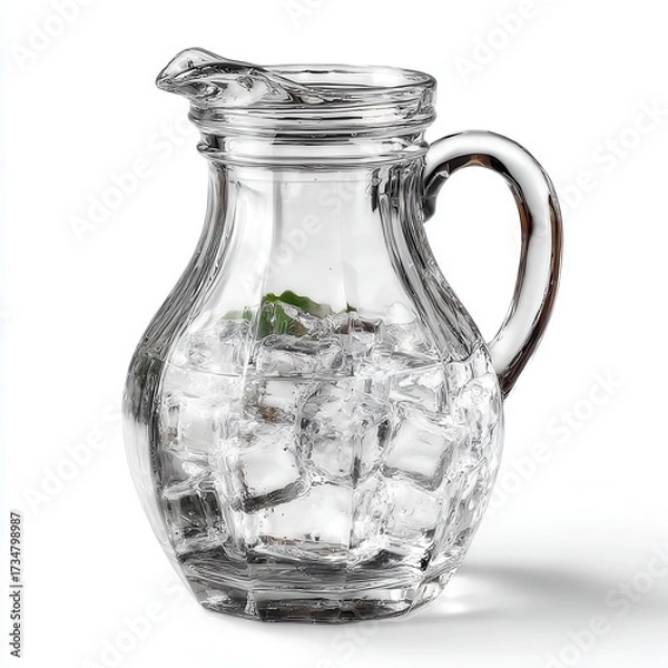 Fototapeta Elegant Glass Pitcher Filled with Ice Cubes and Water on White Background