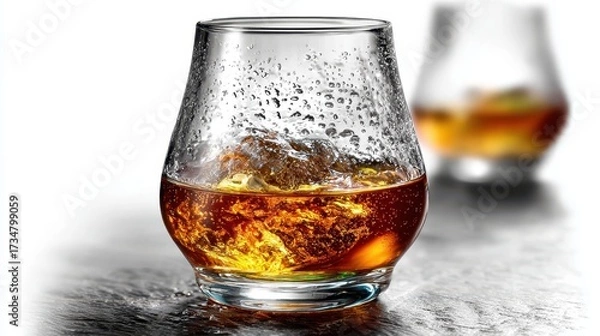 Fototapeta Whiskey Glass with Ice Cubes and Condensation on a Dark Wood Surface