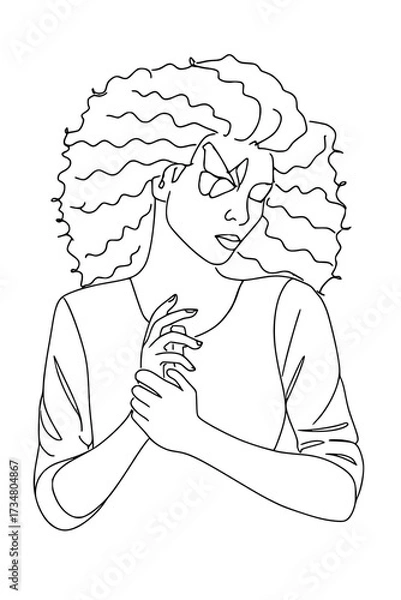 Obraz Striking line art portrait of thoughtful woman with stylish curly hair, evokes peace and self-reflection