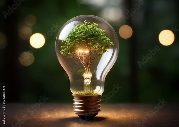 Fototapeta light bulb with a small green tree inside;  conceptual eco design symbolizing sustainability, renewable energy, ecology, and environmental protection