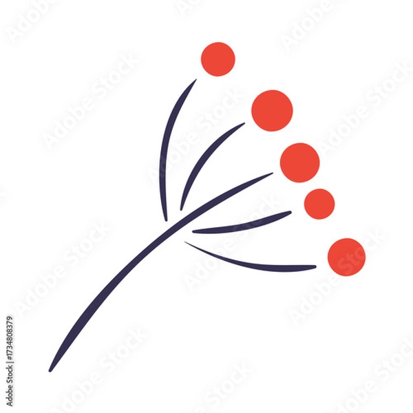 Fototapeta Simple branch with red berries isolated on transparent. Hand drawn flat vector illustration. Traditional holiday, Xmas, New Year, seasonal design element, clip art