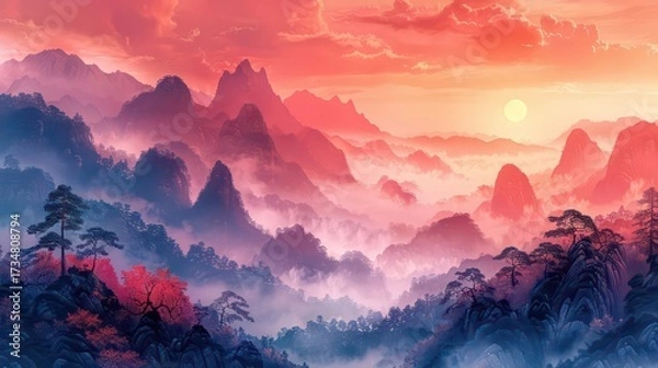 Fototapeta Landscape of jungle, mountains with trees, fog and clouds in pastel design for wallpaper, wall art, print, mural