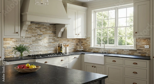 Fototapeta Beautiful Modern Traditional Kitchen With Elegant Light Cabinets, Dark Countertops, Stone Backsplash, and Large Window Overlooking Greenery
