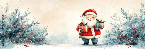 Fototapeta Santa Claus joyfully holds a beautifully wrapped gift decorated with a red bow in a magical winter wonderland invitation, promotional banner with copy space