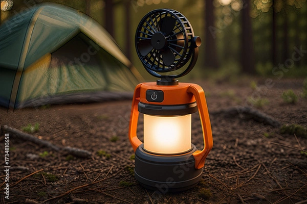 Fototapeta Close-up of a modern portable camping lantern with built-in fan, glowing warmly in front of a tent in the forest. Perfect for outdoor lifestyle, survival gear, hiking, and adventure concepts.