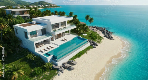 Fototapeta Aerial View of a Luxurious Beachfront Villa With an Infinity Pool and Vibrant Turquoise Sea