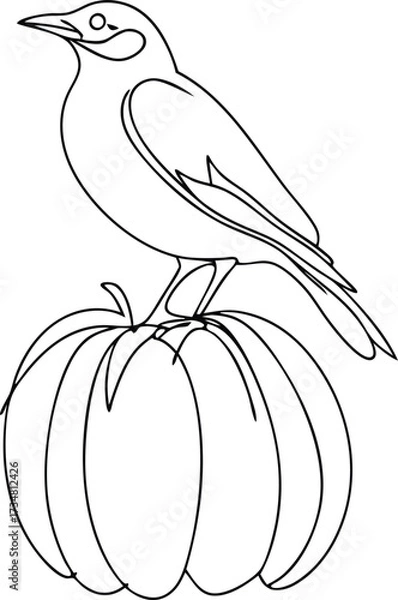 Fototapeta Continous line drawing line art a bird perched a pumpkin autumn fall