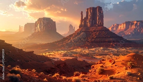 Obraz A breathtaking vista of Monument Valley at sunrise, showcasing towering buttes and a golden, warm light.