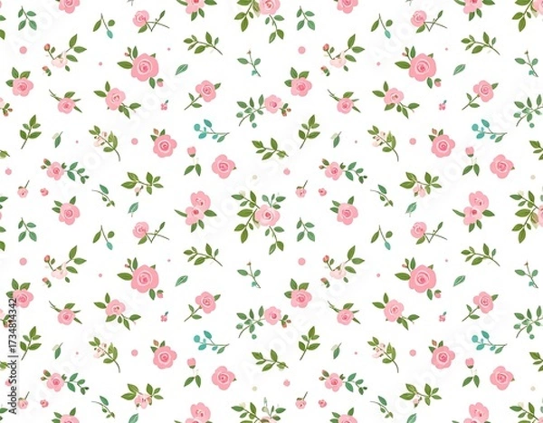 Obraz Delicate, repeating pattern of small pink roses, green leaves, and stems on a white background.