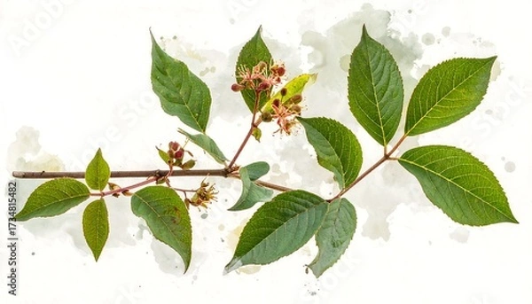 Obraz A detailed, artistic illustration of a branch with vibrant green leaves and small reddish-brown blossoms against a white background with watercolor-style splatters.