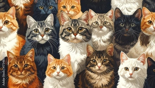 Obraz A captivating design featuring numerous diverse feline faces, displayed in a rich variety of colors and patterns.