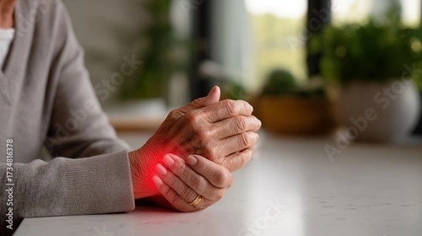 Fototapeta Close-up of senior woman holding painful wrist with red highlight at home, arthritis and carpal tunnel concept