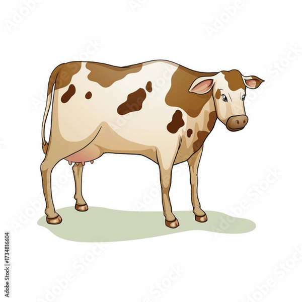 Fototapeta Illustration of a brown and white spotted dairy cow standing peacefully on a clean white background isolated on white background isolated on transparent background