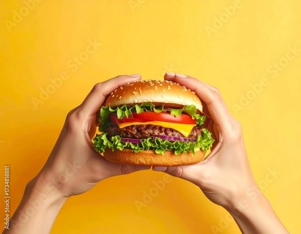 Obraz A delectable burger held in a hand against a vibrant yellow backdrop.