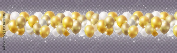 Fototapeta Balloon seamless border with gold glitter and shiny stars isolated on transparent background. Vector realistic golden festive 3d helium baloons banner for anniversary, birthday party design