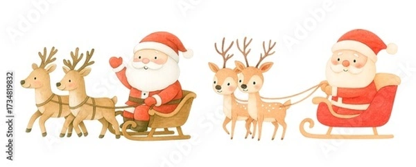 Obraz Watercolor Santa in Sleigh with Reindeer – Hand-Painted Christmas Clipart for Holiday Decor, Festive Invitations and Winter Designs