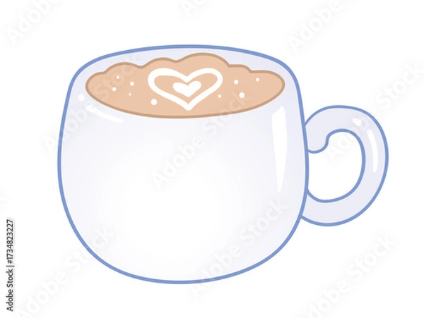 Fototapeta Simple illustration of a white coffee mug with latte art heart on top. Perfect for cafe branding, menu design, coffee shop decor, or cozy lifestyle projects.