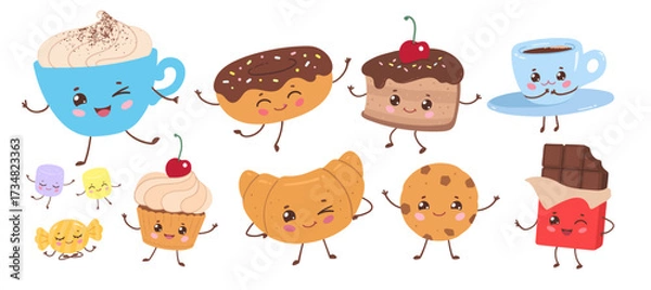 Fototapeta Collection of smiling desserts and drinks with faces. Fun and playful food characters for kids projects, stickers, menu decoration, or kawaii design.