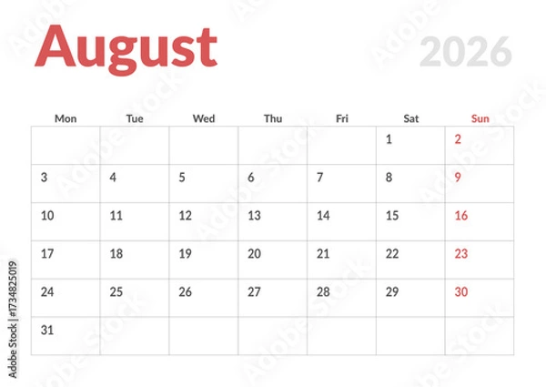 Fototapeta Monthly page Calendar Planner Template design of August 2026. Vector layout of calendar with week start Monday for Scheduling. Page for size A4 or 21x29.7 cm