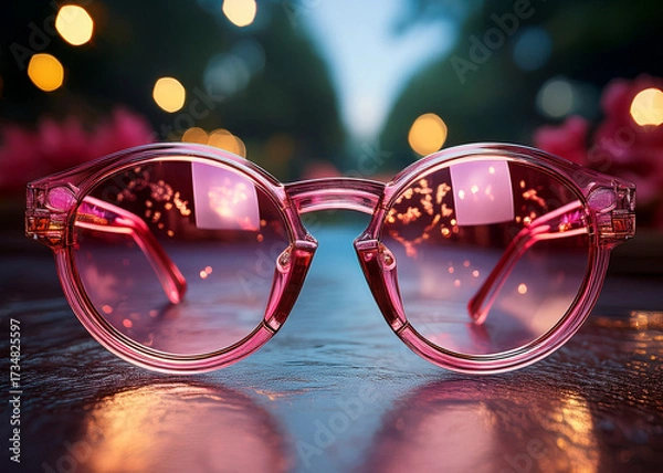 Fototapeta pink sunglasses with blurred colorful bokeh lights in the background, creative concept of seeing the world through rose-colored glasses, optimism, and positive vision