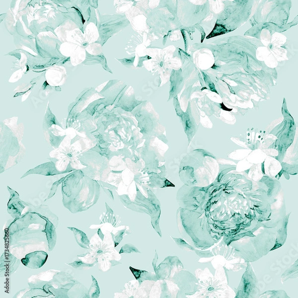 Fototapeta Seamless watercolor pattern with delicate peonies in monochrome shades. High quality illustration