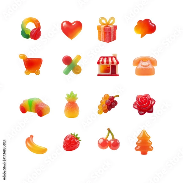 Fototapeta Gummy candy icons for a confectionery website on transparent background with colorful shapes