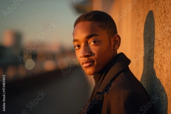 Obraz Young person leans against a sunlit wall, casting a shadow. The soft evening light creates a warm ambiance. The background is blurred, with bokeh effects from distant lights