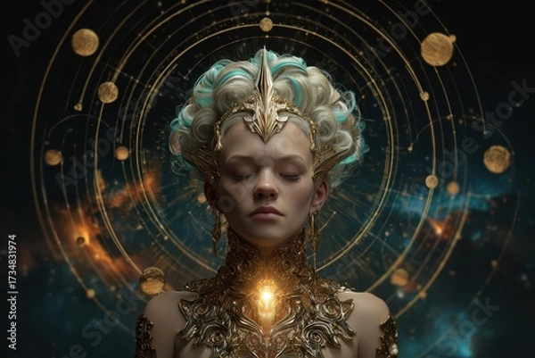 Obraz Detailed artwork of a figure with ornate gold adornments and an intricate celestial background. The figure's eyes are closed, and a glowing ornament is on the chest