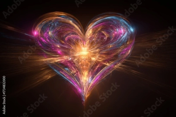 Obraz A vibrant, dynamic heart shape composed of colorful swirling light patterns featuring hues of blue, pink, and gold, radiating energy on a dark background, conveying warmth and emotion