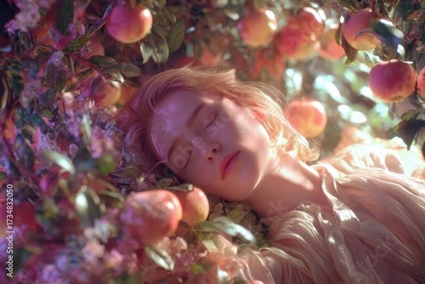 Obraz A person peacefully sleeps amid soft peach and pink tones, surrounded by lush foliage and ripe fruit. The serene atmosphere is enhanced by dappled sunlight and floral elements
