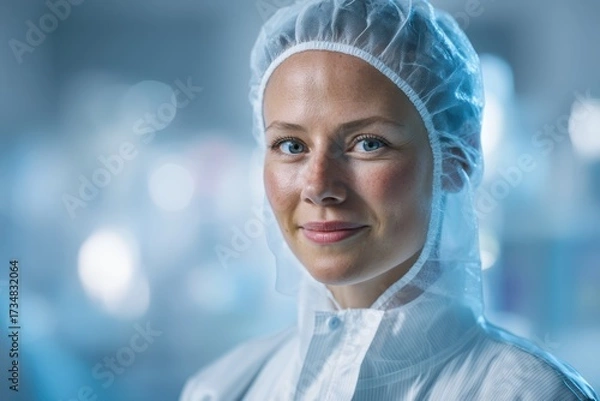 Obraz A scientist wearing a cleanroom suit and cap smiles confidently. Her blue eyes and gentle smile convey professionalism in a laboratory environment, with a blurred background enhancing focus