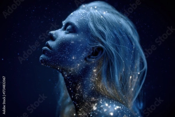 Obraz Enigmatic person with light hair against a dark backdrop, face and body adorned with sparkling dots resembling stars, evoking a celestial or ethereal atmosphere