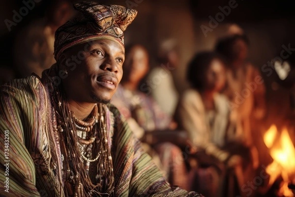 Obraz A man in traditional attire gazes thoughtfully, adorned with jewelry and patterned fabric. Warm lighting and blurred figures in the background provide a cozy, intimate atmosphere