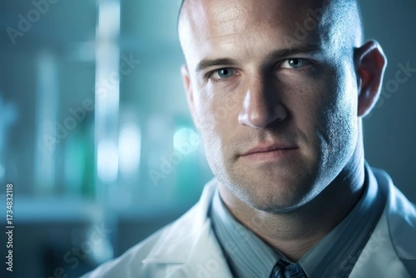 Obraz A serious-looking man in a white coat stands indoors, focusing intently on the camera. The background is blurred with faint blue and green colors and indistinct shapes