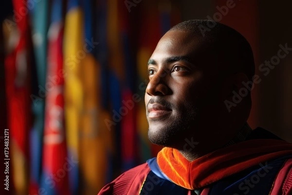 Obraz Man looks thoughtfully into distance, adorned in graduation attire with vibrant robes. Background features colorful blurred banners, creating a sense of achievement and anticipation