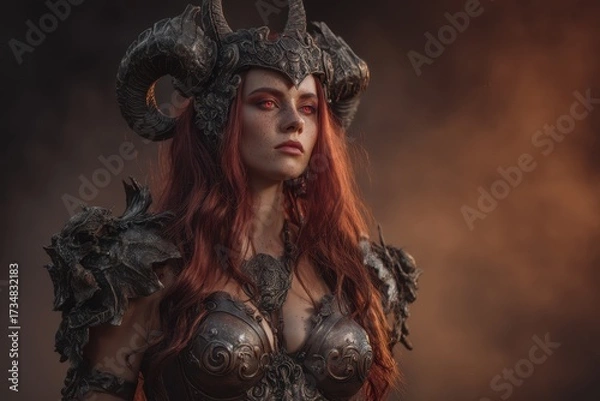 Obraz Warrior woman with long red hair wearing detailed armor and a horned helmet, gazing fiercely. She stands confident and bold with intricate designs on her attire, embodying strength