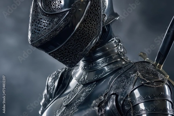 Obraz Intricate, polished knight armor with detailed engravings, helmet, and shoulder plates. Close-up showcases craftsmanship and metalwork. Sword hilt visible behind armor on the right