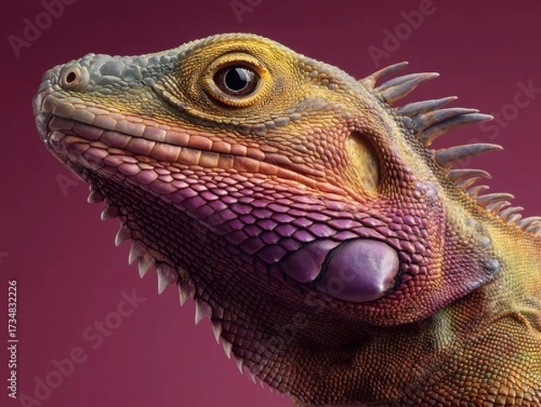 Obraz Portrait of a reptile with vibrant scales in shades of purple, orange, and yellow. Spiky crest runs along its head, and it has a striking, focused eye on the viewer's left side