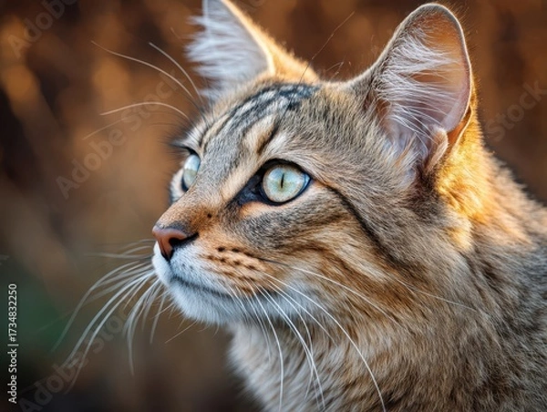 Obraz Close-up of a tabby cat with striking green eyes gazing intently to the side. The detailed texture of the fur and whiskers is highlighted, reflecting golden light