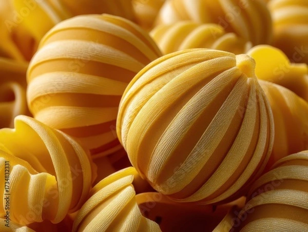 Obraz Round, tightly spiraled pasta pieces in warm yellow hues showing detailed texture. The pasta is stacked and fills the frame. Light and shadows highlight the intricate shapes