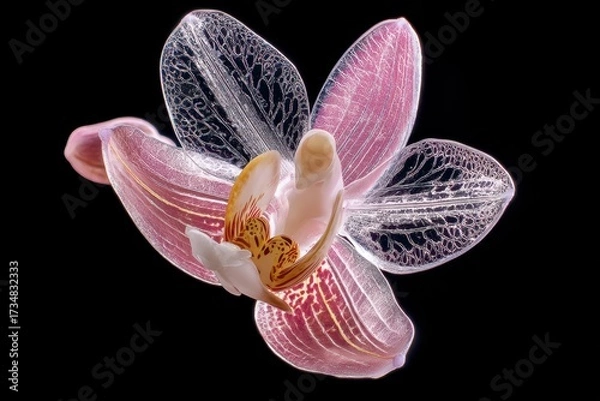 Obraz Delicate orchid with translucent, intricate petals in shades of pink and white, showcasing detailed veining and a striking, central column. Beautiful and ethereal floral close-up