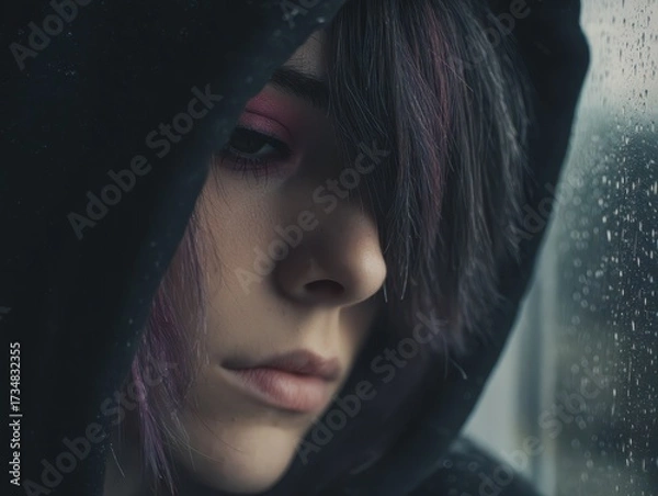 Obraz Young person in dark hoodie gazes pensively out of a rain-speckled window, their expression thoughtful. Soft light illuminates their face, casting gentle shadows and highlighting colored hair