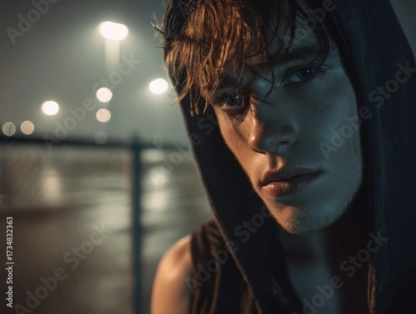 Obraz Moody portrait of person in hood, wet hair, intense gaze in dimly lit area with blurred streetlights. Urban, dramatic atmosphere underscores contemplative expression under night sky